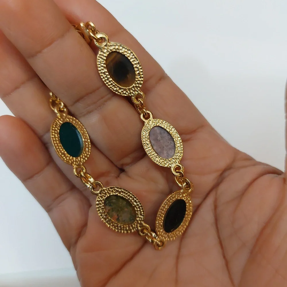 Multi Stones Scarab Bracelet Gold Tone Links Semiprecious Gems - Picture 5 of 9